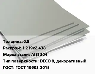 Лист нержавеющий 0.8 1.219х2.438 Сталь: AISI 304 Тип:DECO 8, декоративный ГОСТ 19903-2015